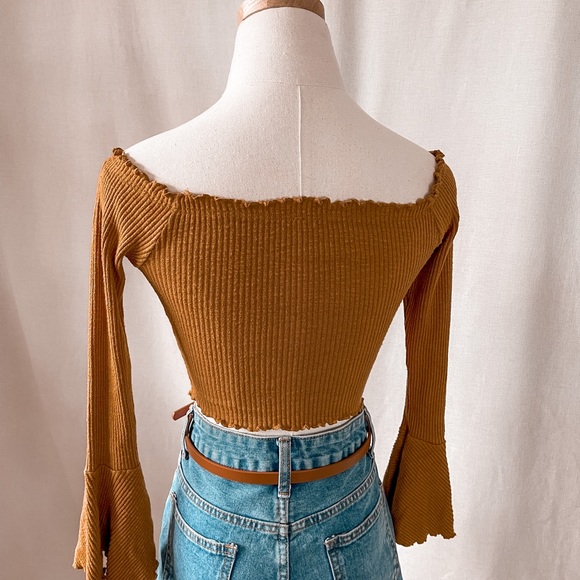 Mustard Off Shoulder Belle Sleeve Crop Top - Picture 2 of 3
